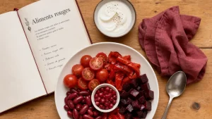 Aliment rouge : tomates, poivron rouge rôti, betterave et grenade sur table