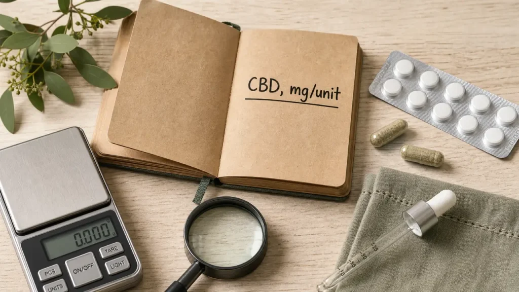 CBD comprimés : étiquette mg et plaquette de comprimés, dosage pré-dosé