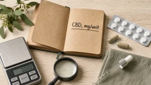 CBD comprimés : étiquette mg et plaquette de comprimés, dosage pré-dosé