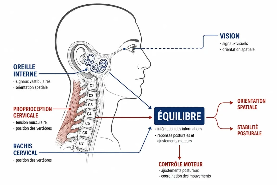 Comment faire passer les vertiges dus aux cervicales : schéma explicatif du lien entre nuque, oreille interne et équilibre
