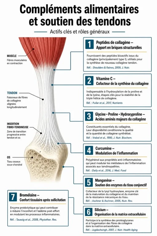 Complément alimentaire pour renforcer les tendons : schéma des actifs clés et de leur rôle