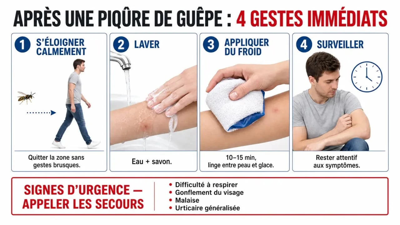 Que faire en cas de piqure de guepe : illustration des gestes immédiats, du froid et des signes d’alerte