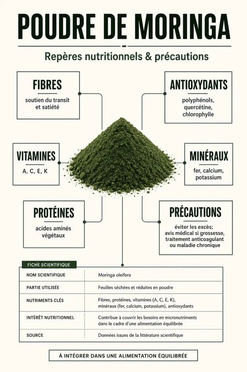 Poudre de moringa bienfait : infographie des nutriments, bienfaits possibles et précautions