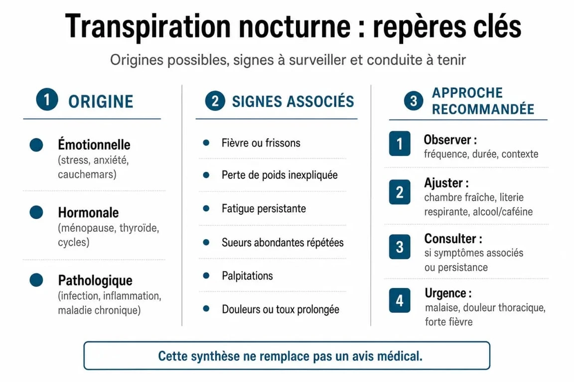 Infographie sur la signification spirituelle et les causes médicales de la transpiration nocturne