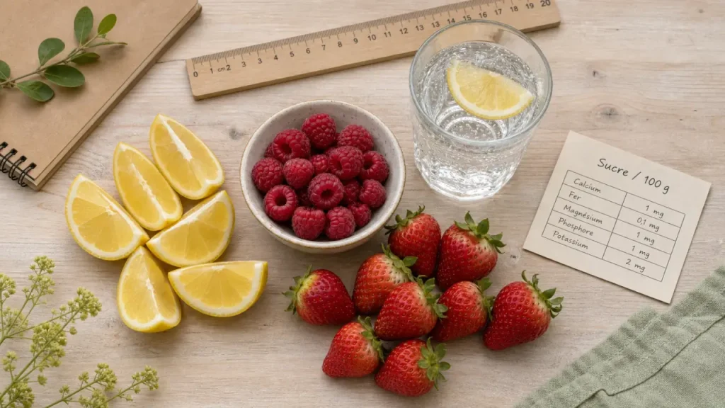 Fruits les moins sucrés : citron, framboise, fraise