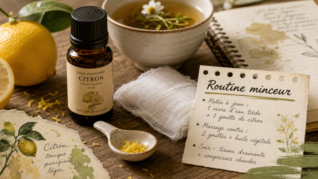 Huile essentielle perte de poids au citron, drainage et cellulite (gaze et tisane)