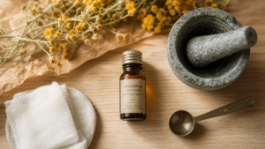 Immortelle huile essentielle : flacon d’huile d’hélichryse pour la peau et la circulation