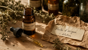 l huile d origan : dilution, carvacrol et précautions, fiole et pipette sur table en bois