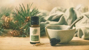 Pin sylvestre huile essentielle bienfaits, flacon compte-gouttes sur table bois