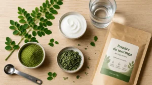 Poudre de moringa bienfait : bol, cuillère doseuse et feuilles de moringa sur table en bois
