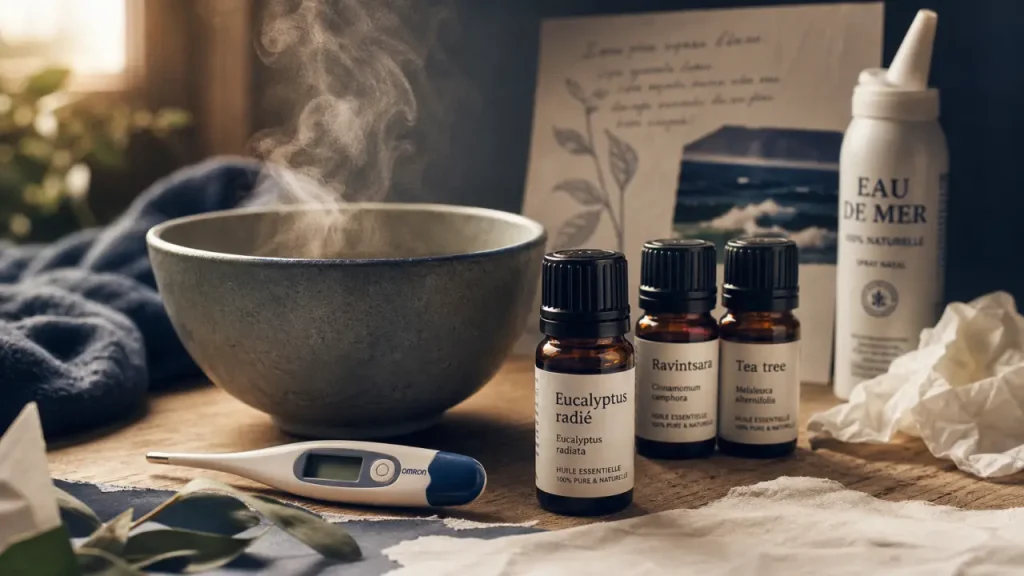 Rhume et huiles essentielles : flacons d’huiles pour dégager