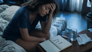 Sensation de vertige avant les règles forum : femme fatiguée, main au front