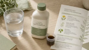 Boisson drainante pharmacie en bouteille et verre doseur, prêt à diluer