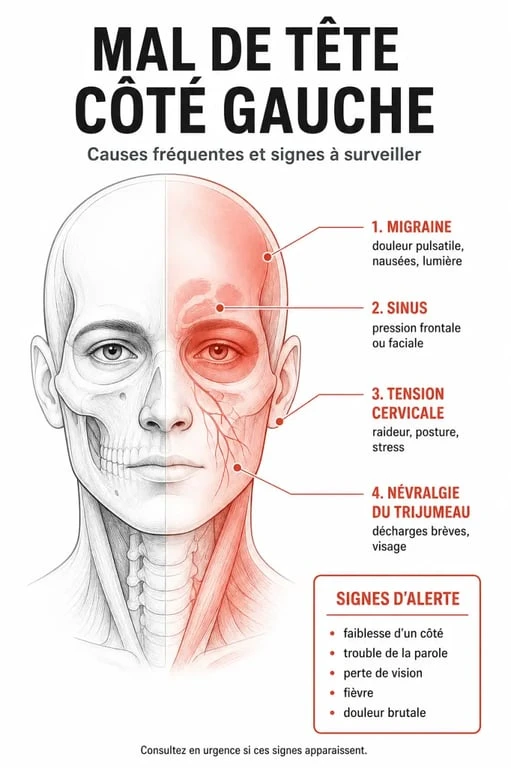 Mal de tête côté gauche signification : schéma des causes possibles et des signes d’alerte