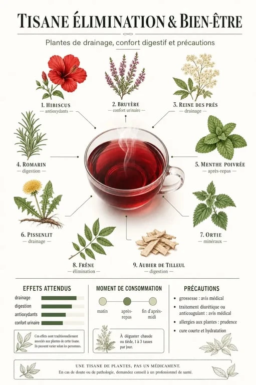 Tisane élimination et bien être bienfaits : illustration des plantes drainantes, de leurs usages et précautions