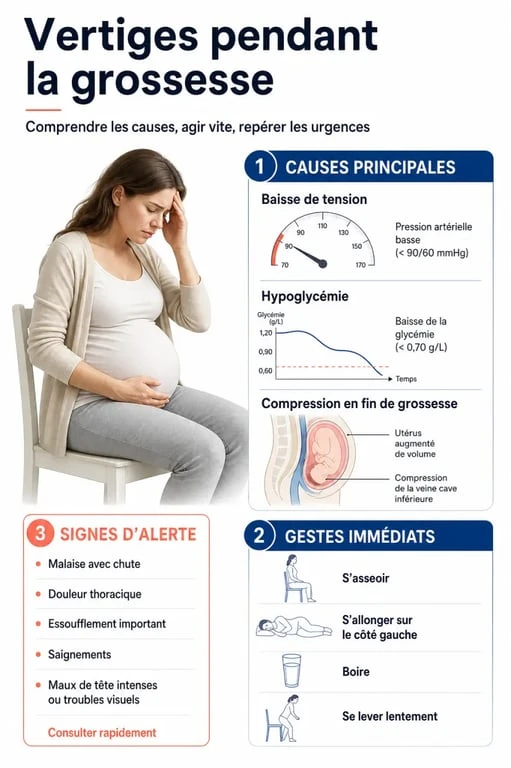 Infographie sur la femme enceinte et vertige : causes, gestes à faire et signes d’alerte