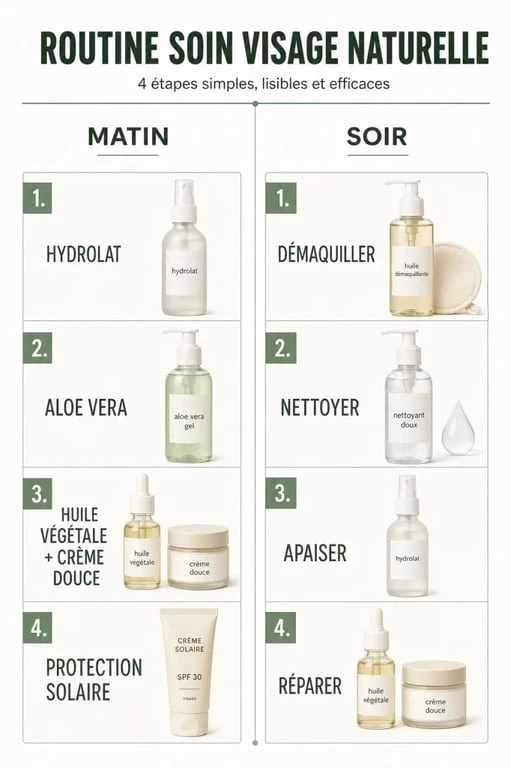 Routine soin visage naturel en 4 étapes avec hydrolat, aloe vera, huile végétale et protection solaire