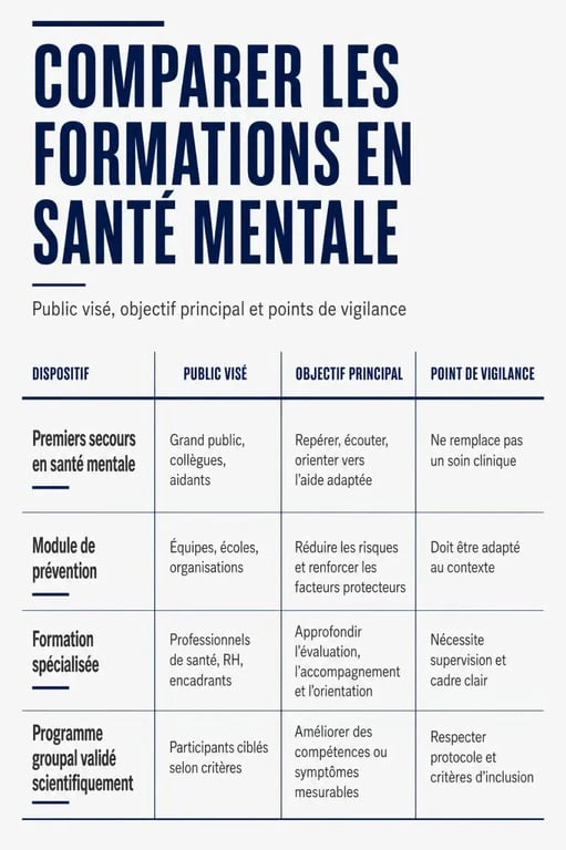 Infographie comparative sur la formation en santé mentale : publics, objectifs et critères de choix