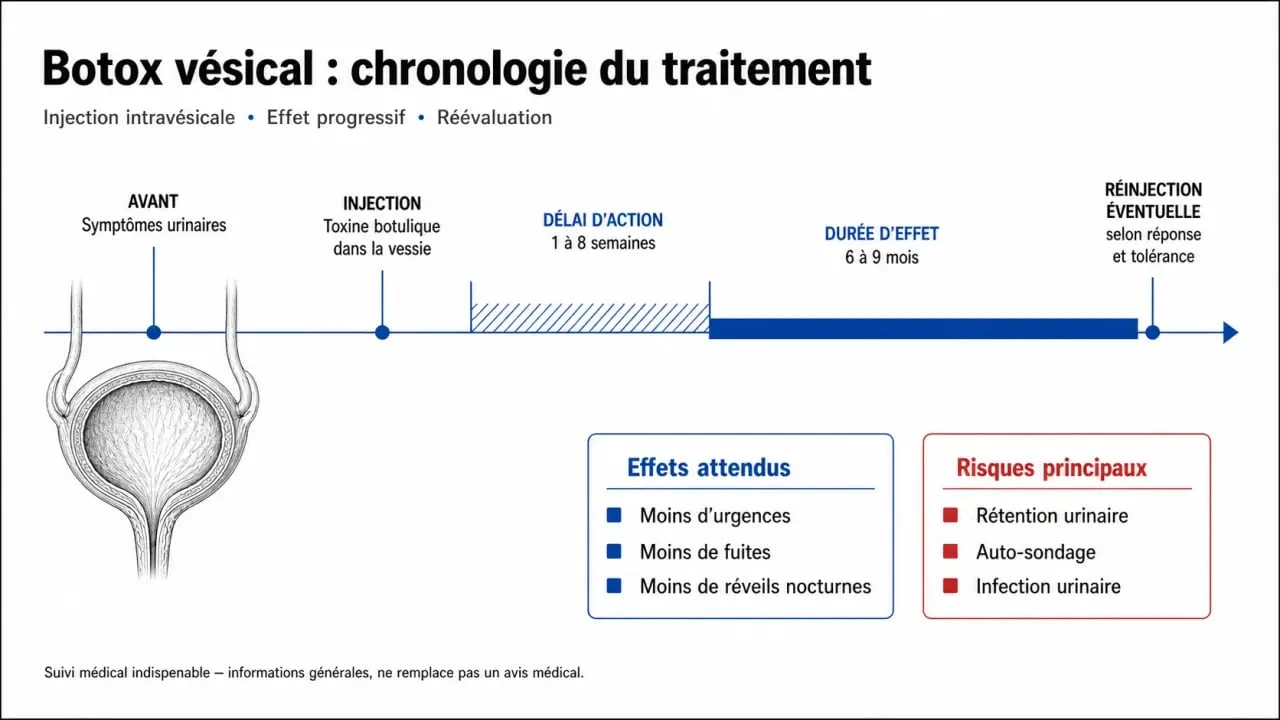 Botox vessie témoignage : frise médicale du parcours patient, délai d’action, durée d’effet et risques de rétention urinaire