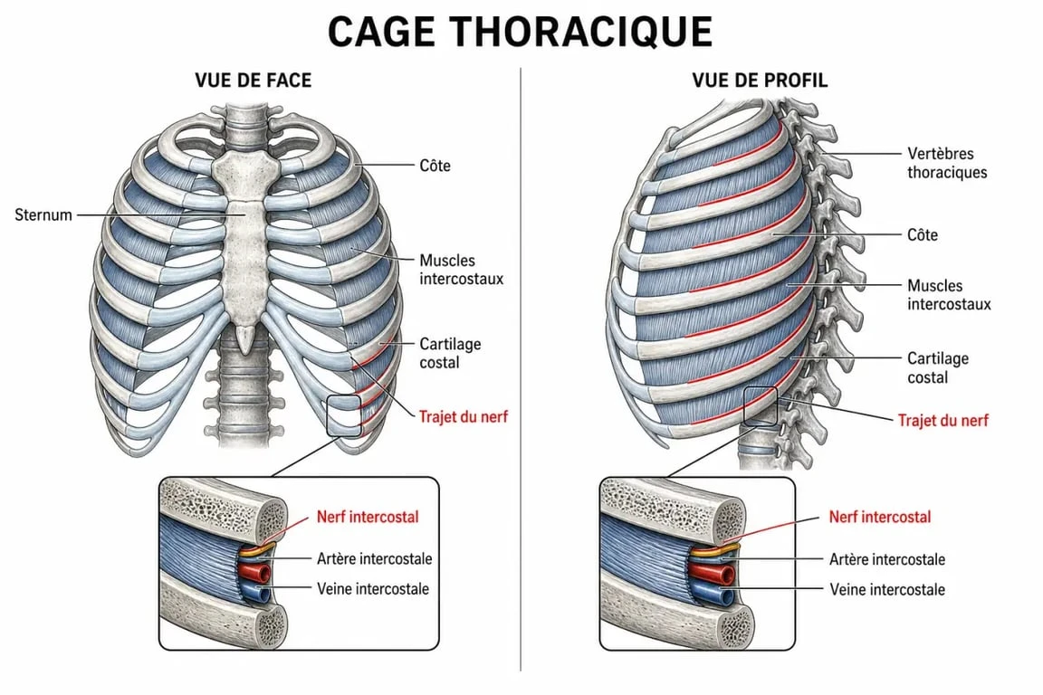 Schéma pour soulager les douleurs intercostales : anatomie des côtes et des nerfs intercostaux