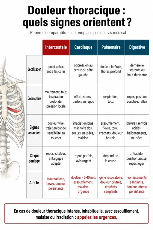 Schéma pour soulager les douleurs intercostales : comparaison des signes d’alerte thoraciques