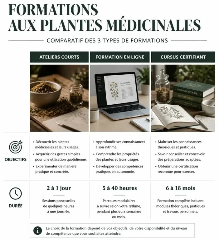 Comparatif des formations sur les plantes médicinales : ateliers, en ligne et cursus certifiant
