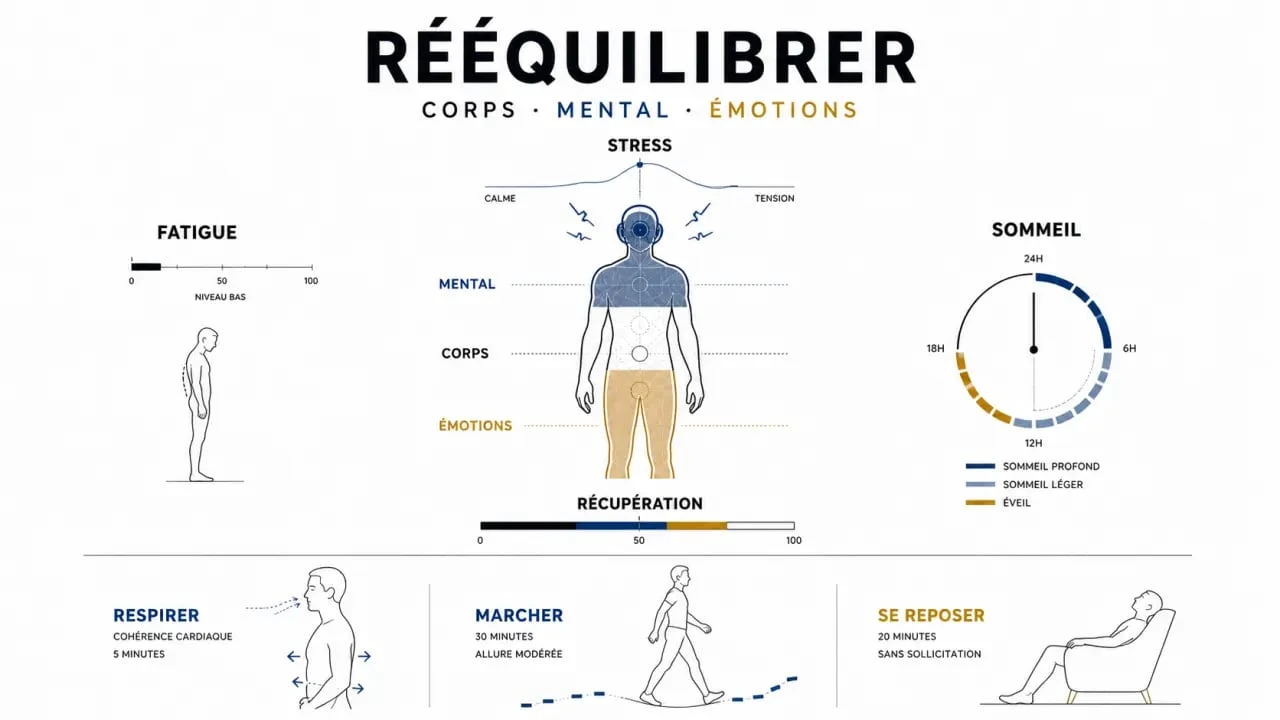 Équilibre énergétique : schéma éditorial des liens entre fatigue, stress, sommeil et récupération