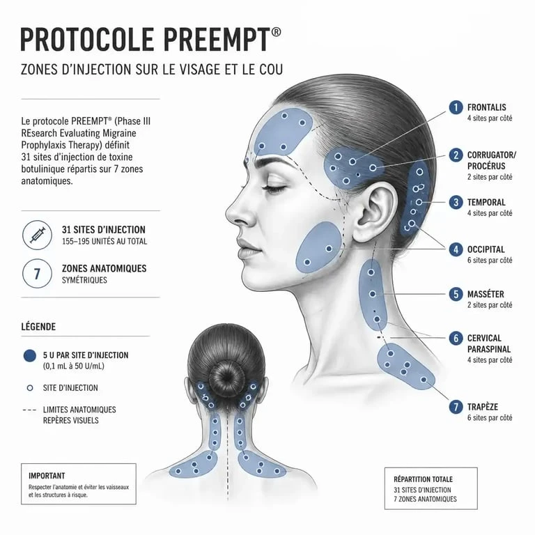 Schéma des points d'injection de Botox pour la migraine chronique selon le protocole PREEMPT