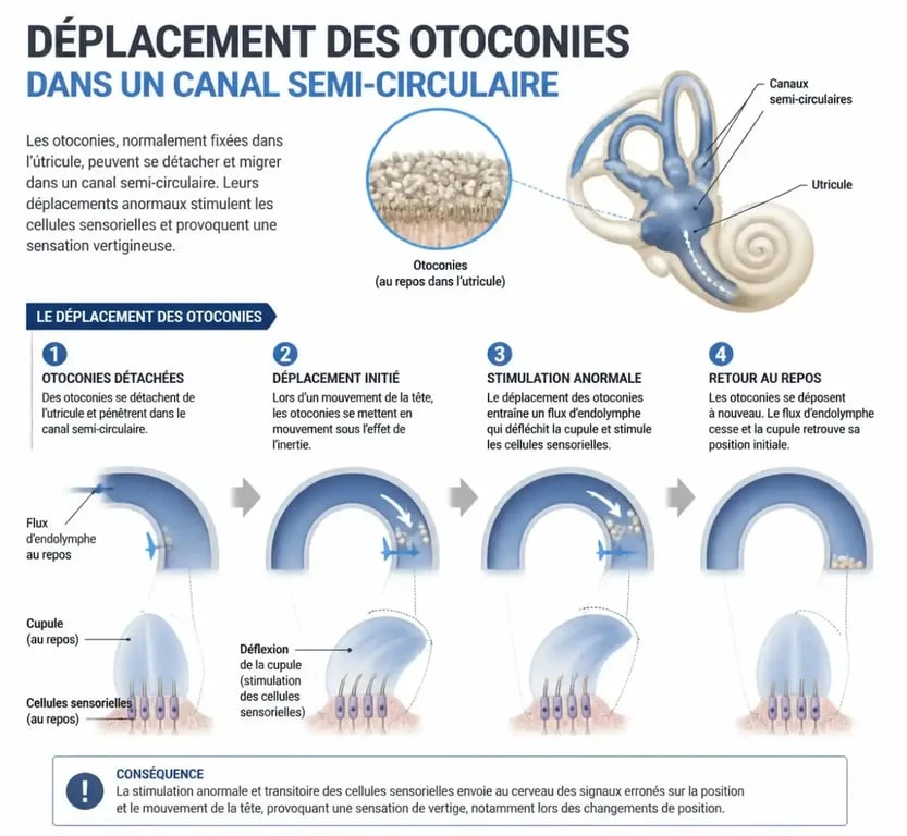 Mécanisme du vertige positionnel paroxystique bénin (VPPB) avec déplacement des cristaux dans l'oreille interne