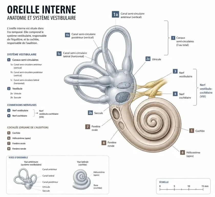 Schéma anatomique de l'oreille interne et du système vestibulaire impliqué dans les vertiges