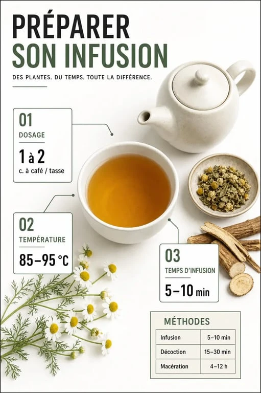 Infusion aux plantes : schéma éditorial des dosages, températures et temps de préparation