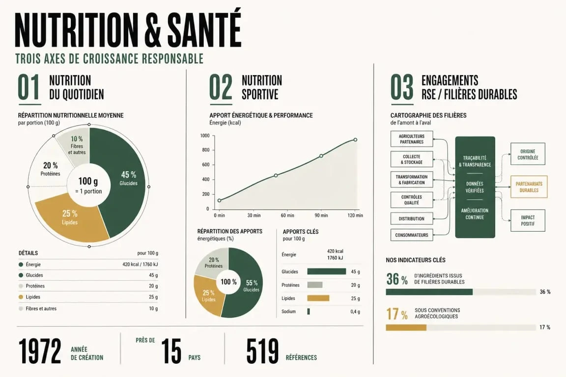 Nutrition et santé : infographie éditoriale sur l’entreprise Nutrition & Santé, ses activités et ses chiffres clés