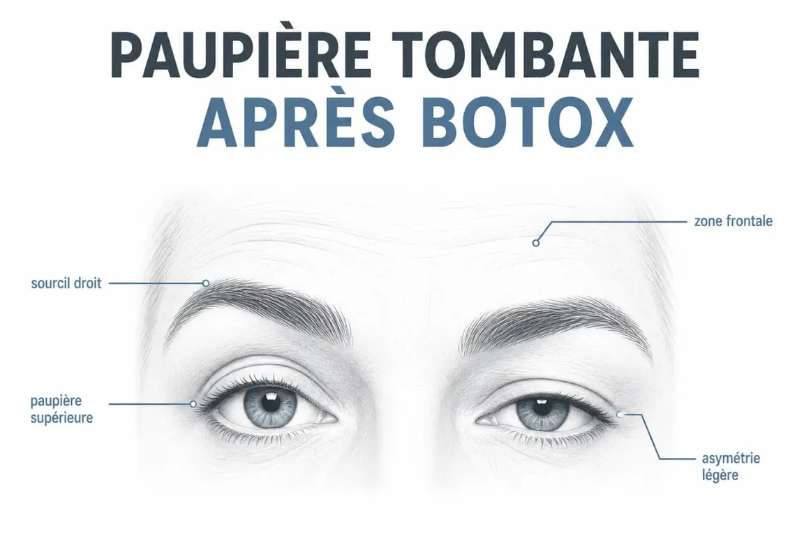 Paupière tombante après botox que faire : schéma du front, des sourcils et de la paupière supérieure