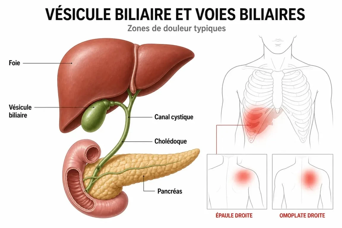 Vesicule malade symptome : schéma de la vésicule biliaire, du canal cystique et du cholédoque avec zones de douleur