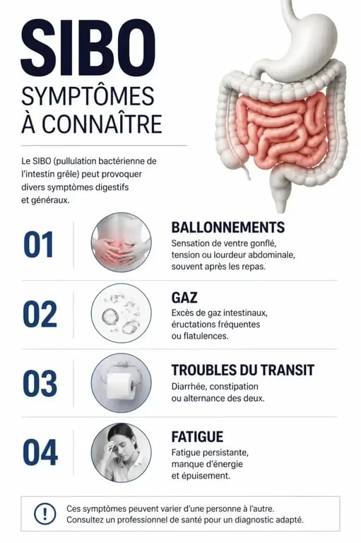 Infographie récapitulative des symptômes du SIBO pour une identification rapide