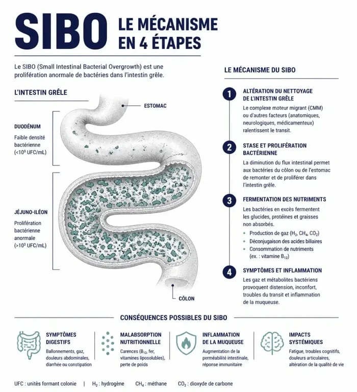 Schéma explicatif du mécanisme du SIBO et de la prolifération bactérienne dans l'intestin grêle