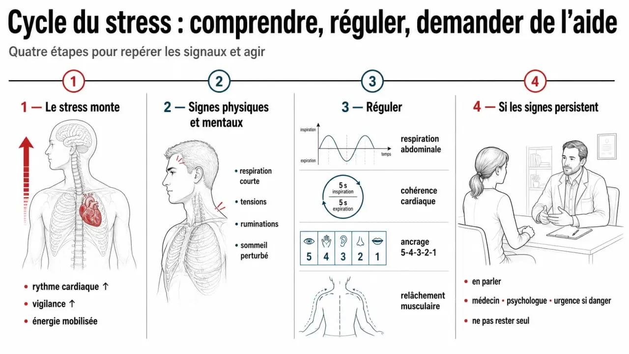 Gestion du stress et des émotions : schéma du cycle stress, symptômes, techniques de régulation et aide professionnelle