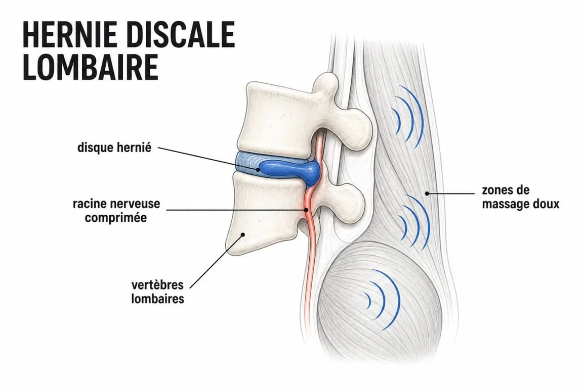 Schéma du massage hernie discale montrant la colonne lombaire et la zone de compression nerveuse
