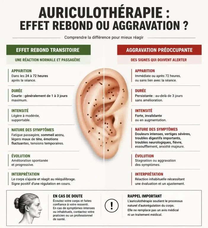 Tableau comparatif des symptômes de l'effet rebond en auriculothérapie versus aggravation réelle