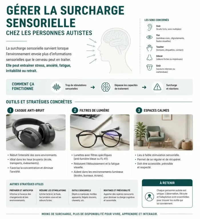 Infographie sur la gestion du bien-être autiste et la réduction de la surcharge sensorielle