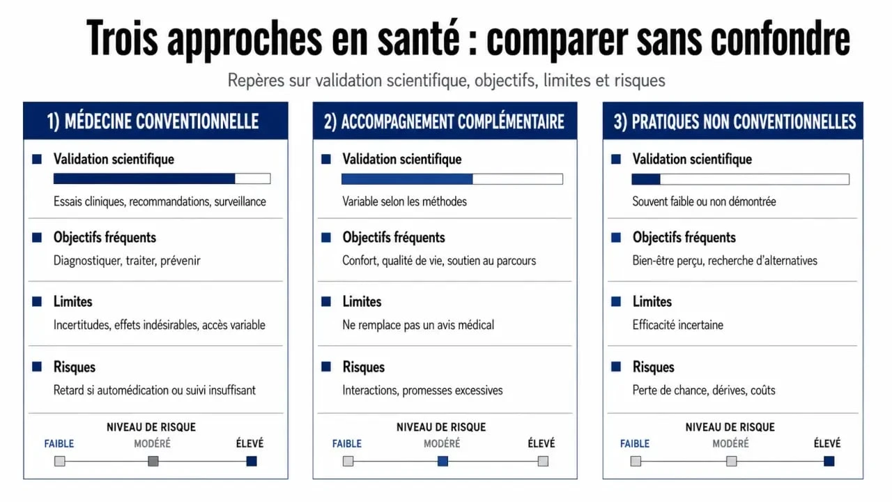 Médecines douces : repère visuel comparant médecine conventionnelle, accompagnement complémentaire et pratiques non conventionnelles