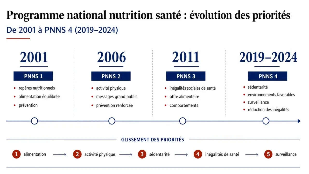 Frise chronologique du plan national nutrition santé 4 de 2001 à 2024 avec les cycles PNNS successifs