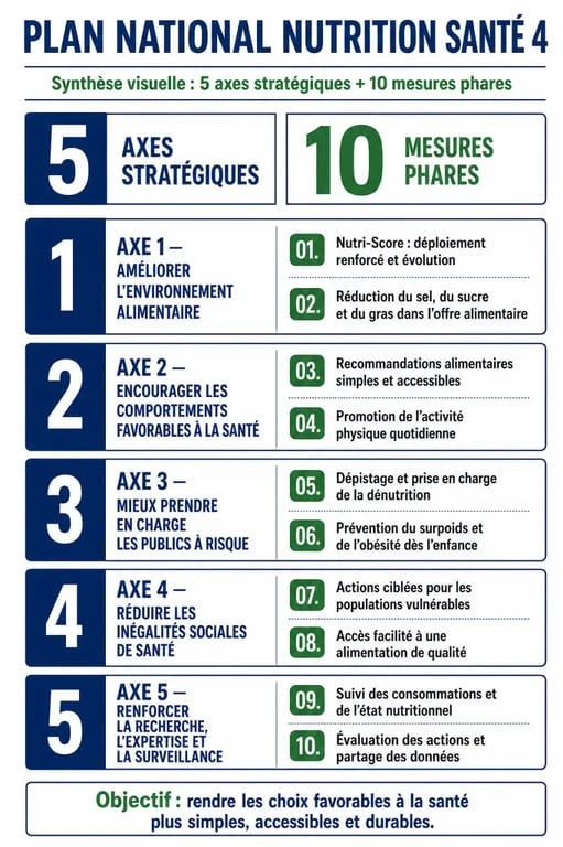 Synthèse du plan national nutrition santé 4 avec les 5 axes stratégiques et les 10 mesures phares