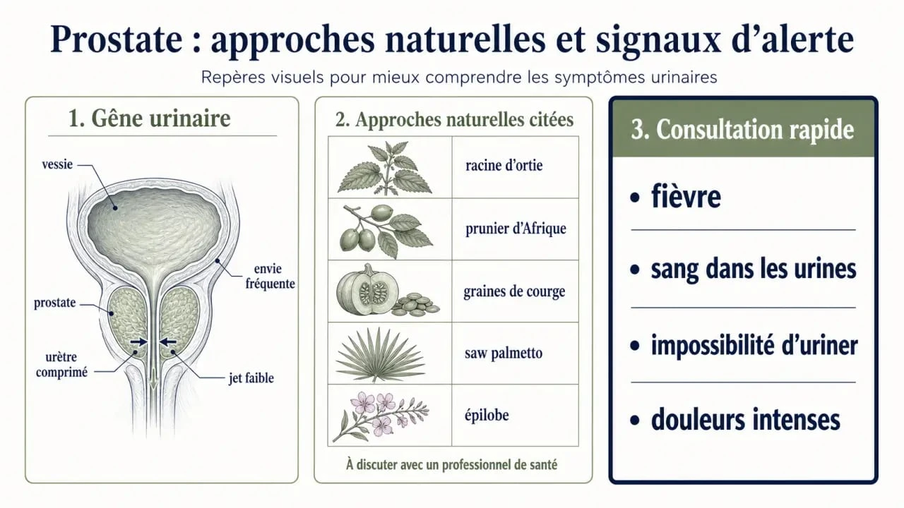 Prostate remèdes naturels : infographie éditoriale des plantes citées, des habitudes utiles et des signes d’alerte