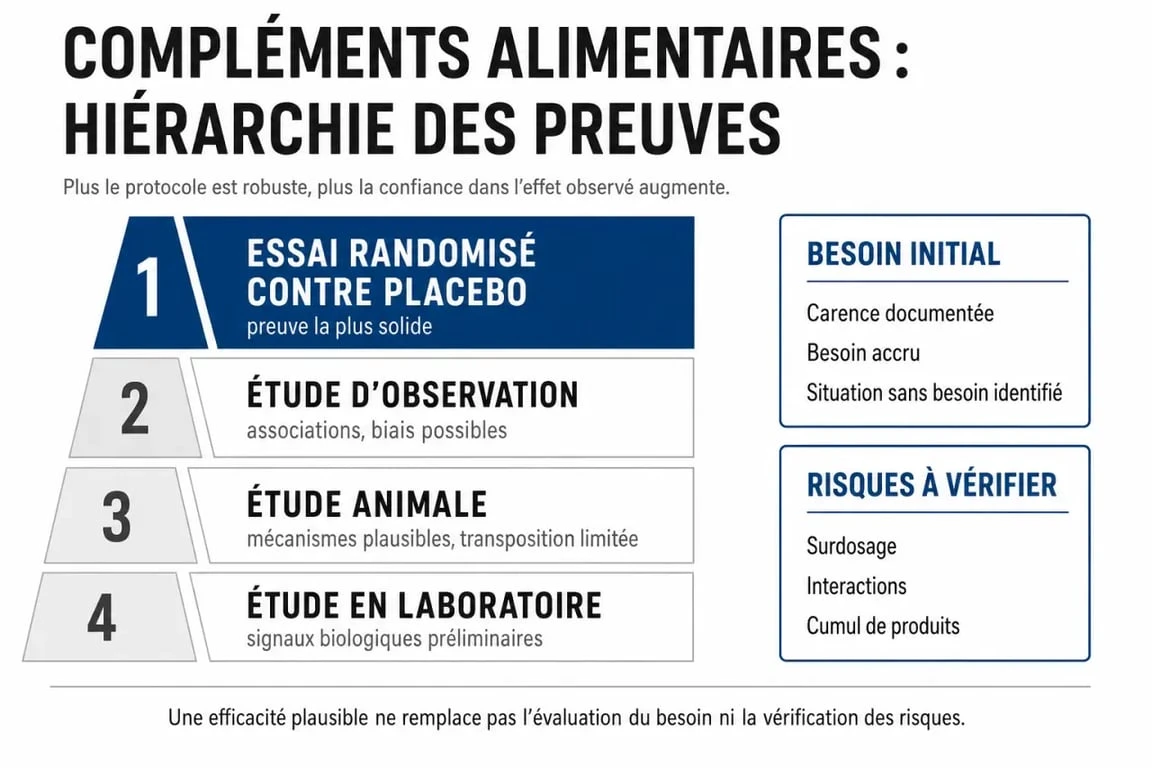 Efficacité des compléments alimentaires : hiérarchie des preuves scientifiques et repères de prudence