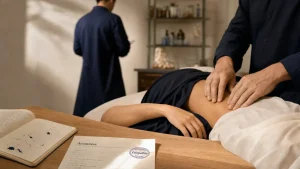 Étiopathie et perte de poids : palpation douce de l’abdomen en consultation