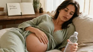 Femme enceinte et vertige, femme allongée sur le côté avec eau