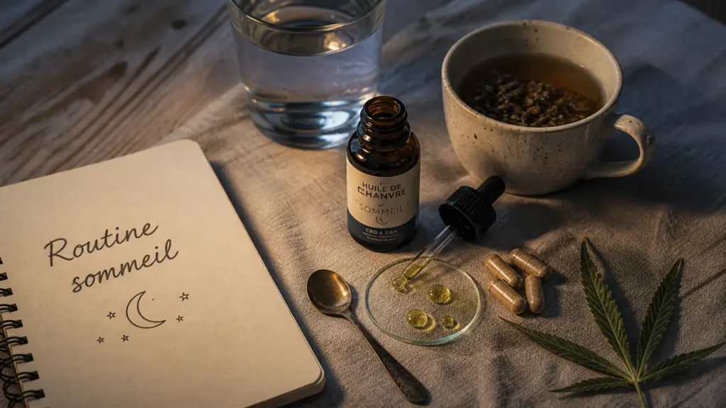 Huile de cbd pour dormir : flacon, pipette et gouttes