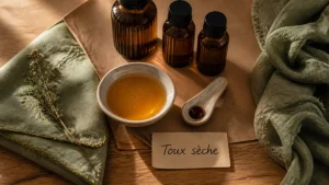 Huile essentielle toux seche : miel et flacons ambrés