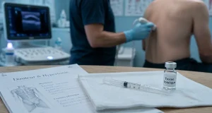 Injection de botox pour douleur musculaire : seringue et échographie pour hypertonie
